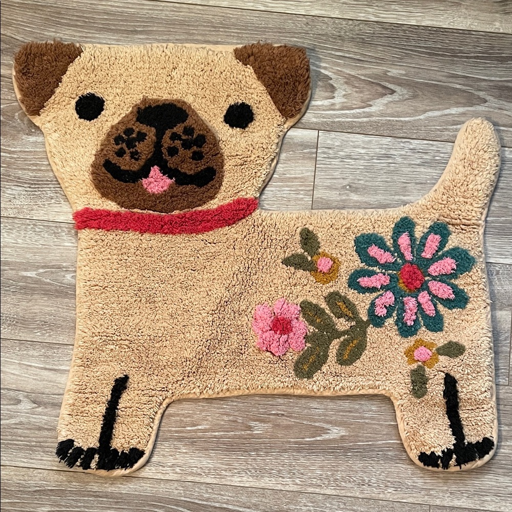 Tufted Cotton Bathmat Pug Rug Dog Flower Design NATURAL LIFE
